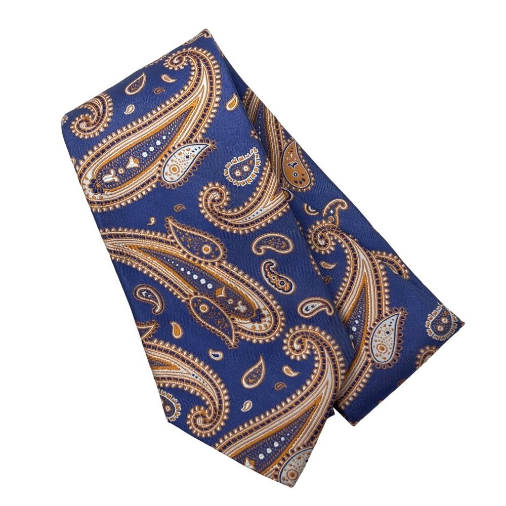 Lombardo Necktie OS Paisley Print Silk Necktie Career Office Navy Blue Gold Prep